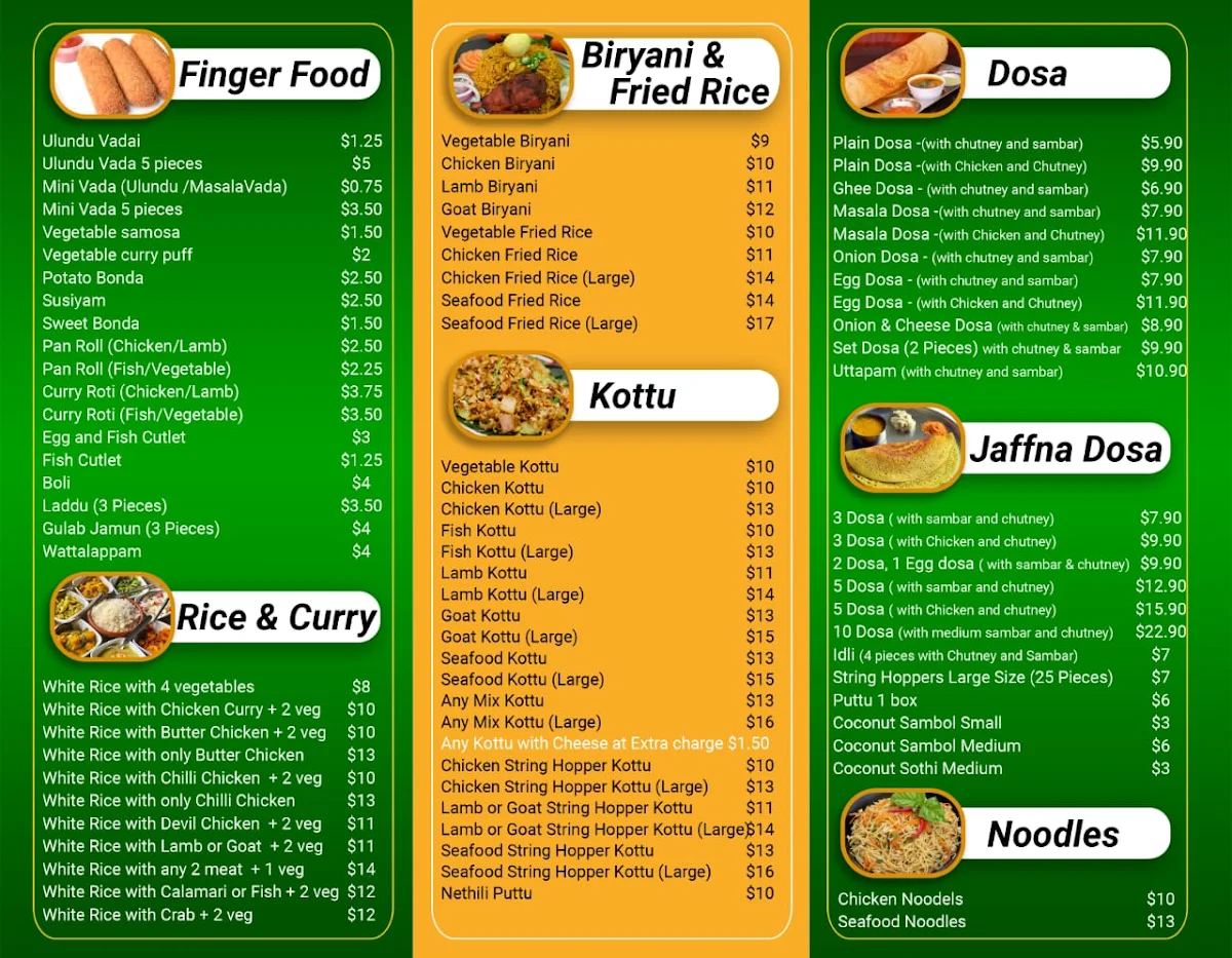 Menu, Raja Tasty Foods