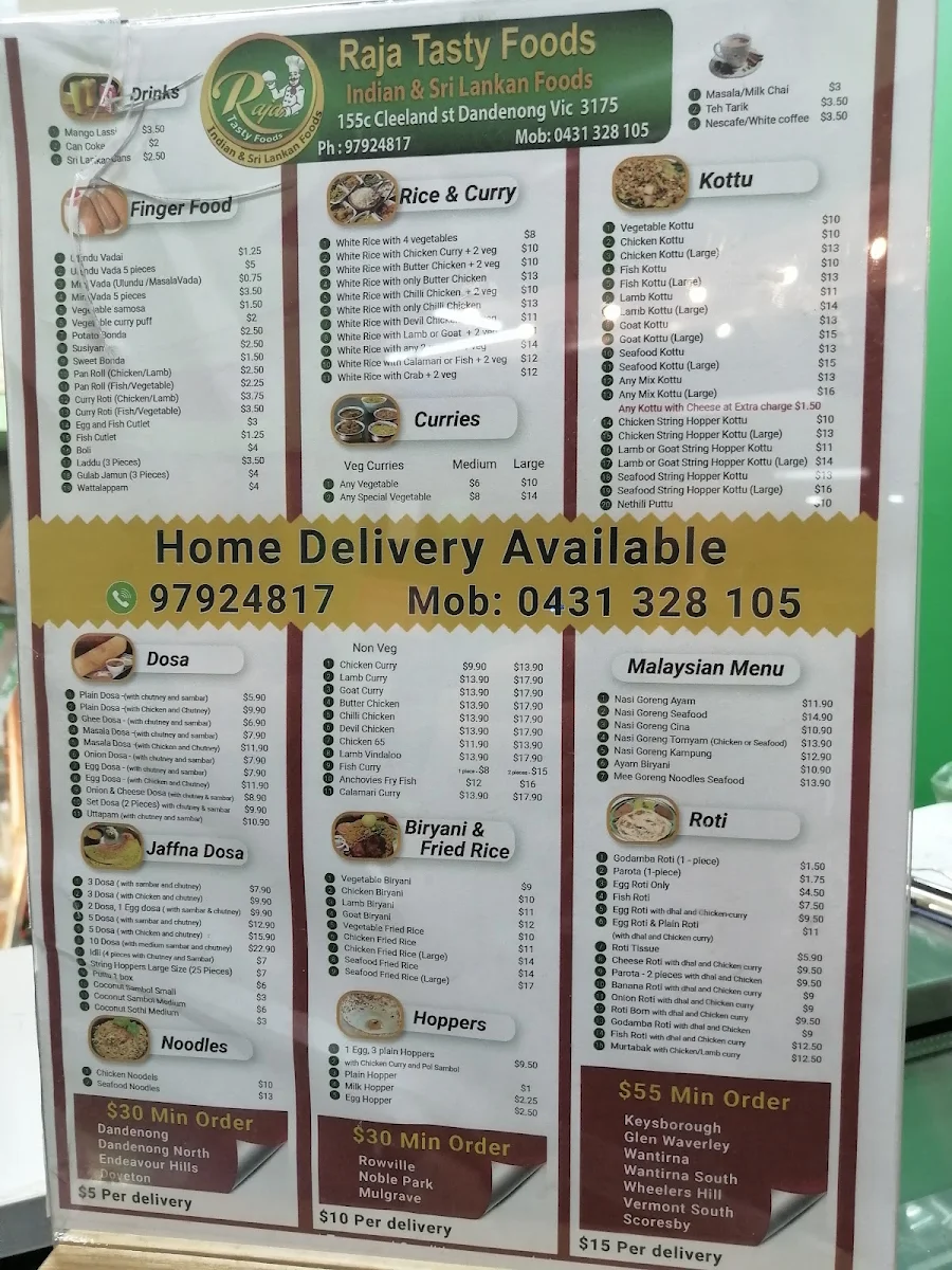 Menu, Raja Tasty Foods