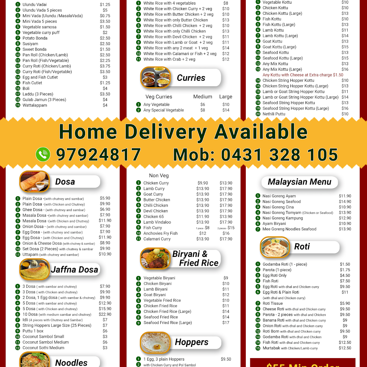 Menu, Raja Tasty Foods