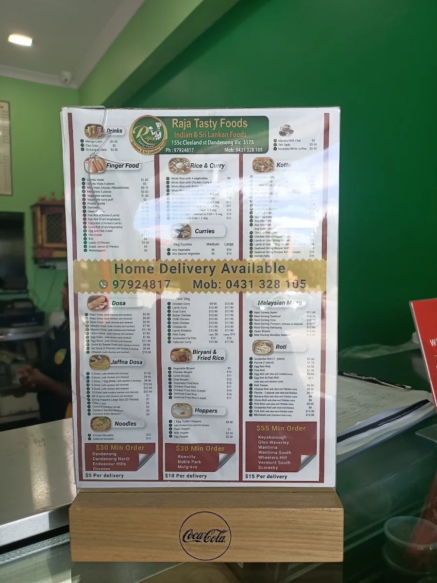Menu, Raja Tasty Foods
