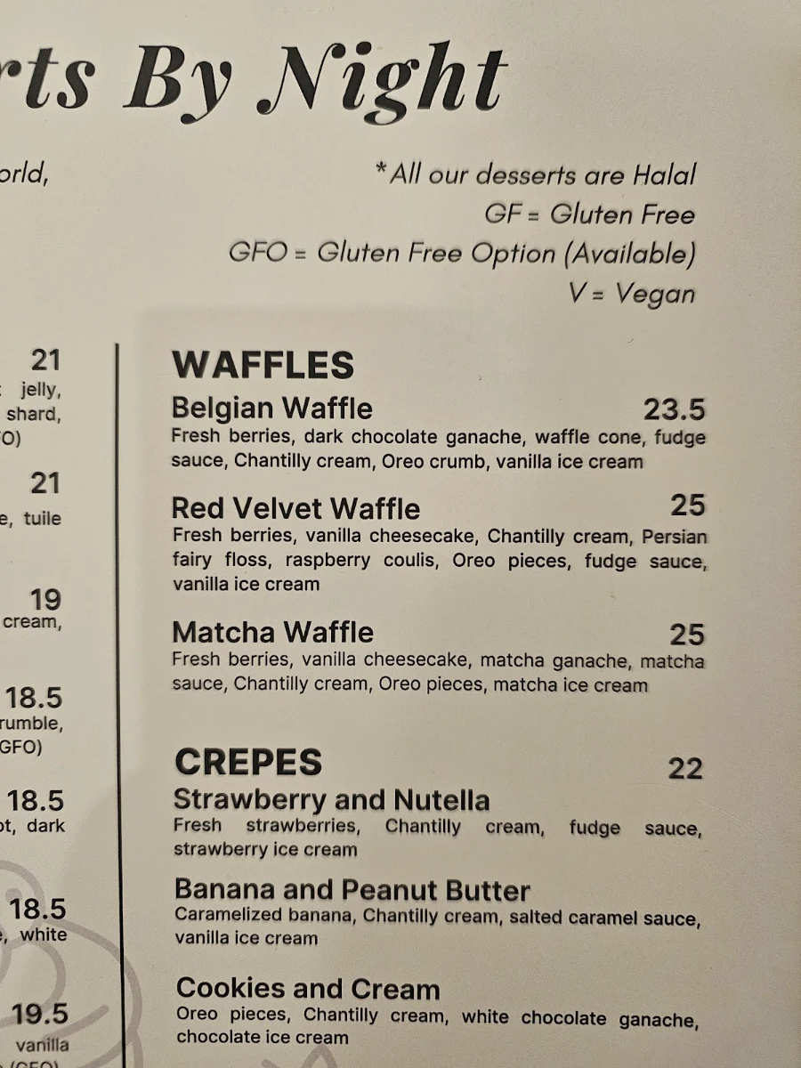 Menu, Desserts By Night (Springvale)