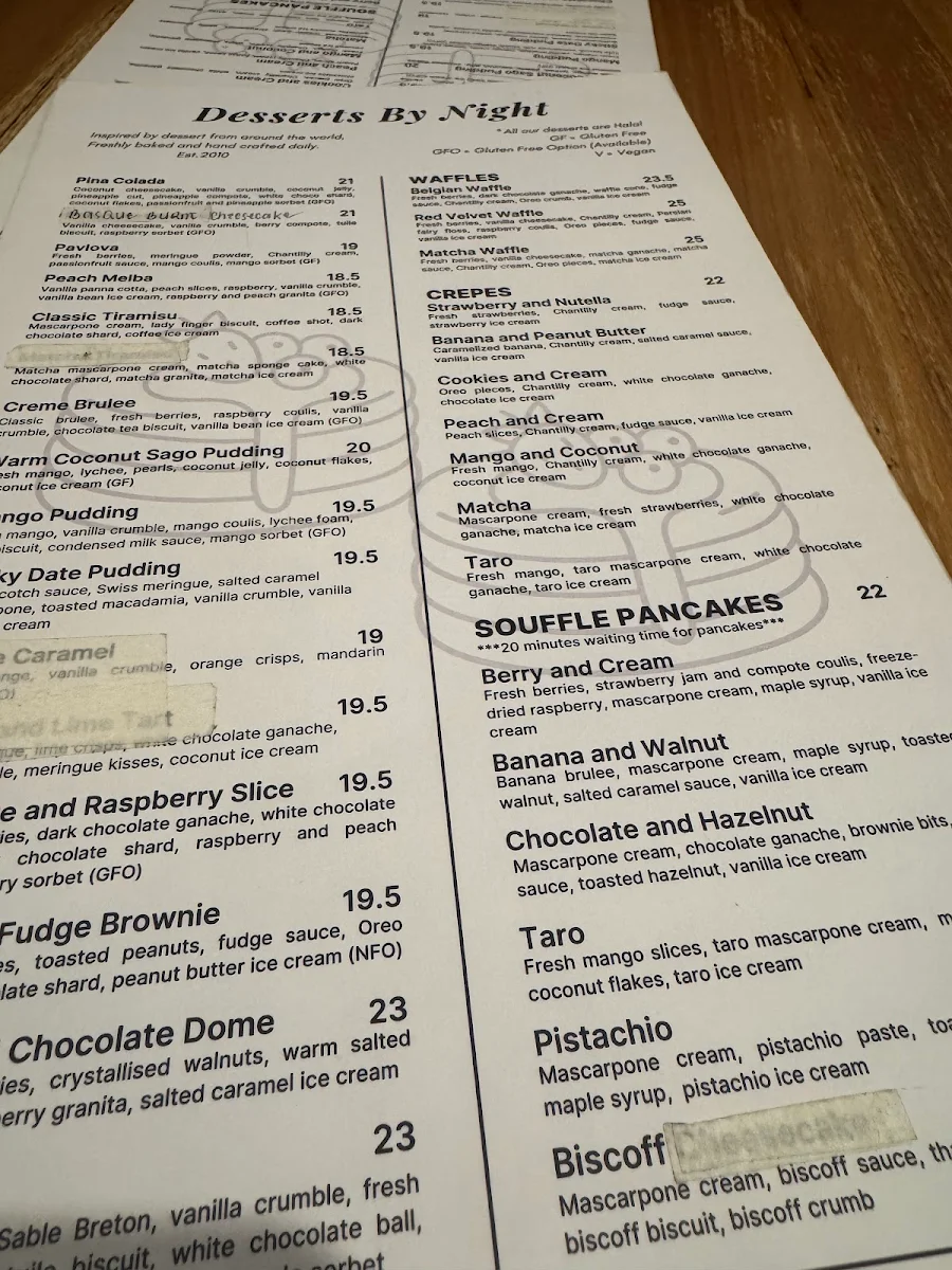 Menu, Desserts By Night (Springvale)