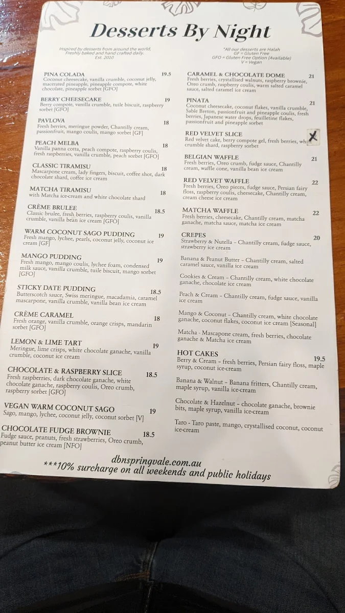 Menu, Desserts By Night (Springvale)