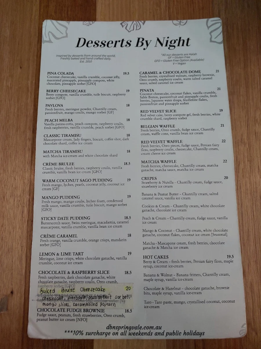 Menu, Desserts By Night (Springvale)