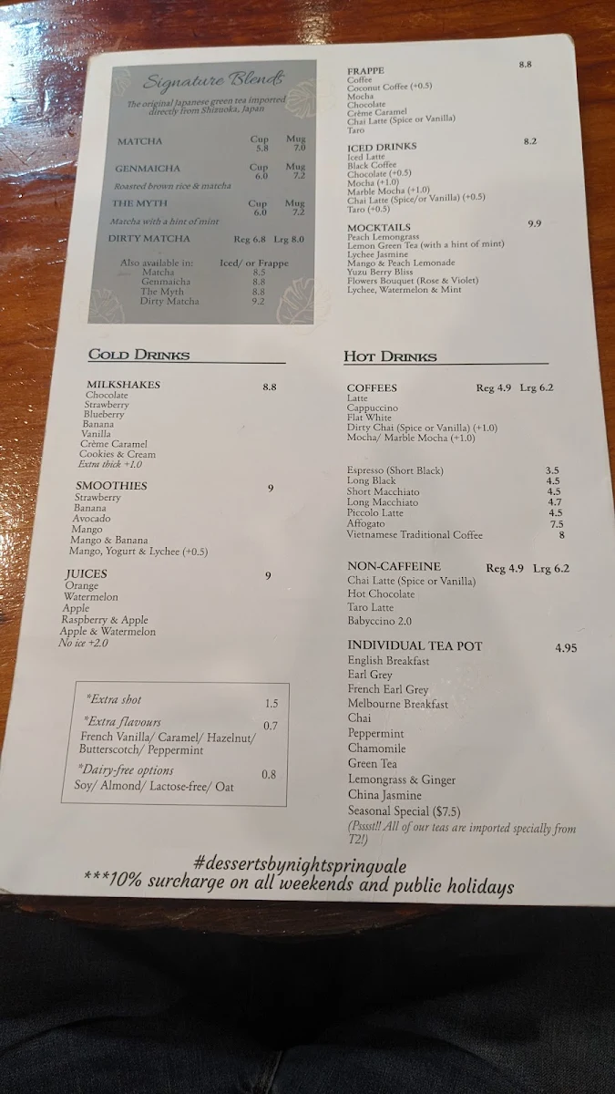 Menu, Desserts By Night (Springvale)