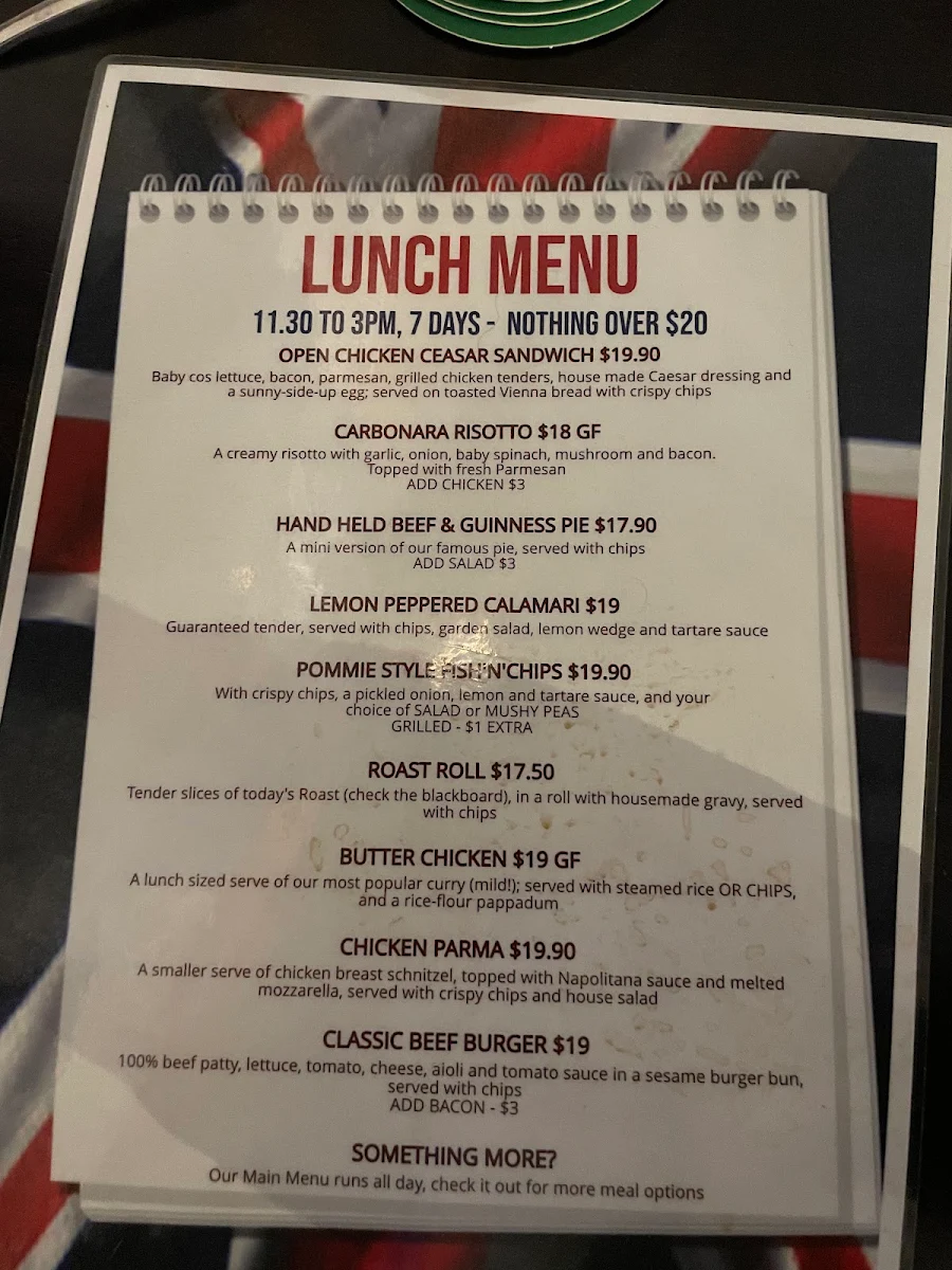 Menu, The Best Drop Tavern Kalamunda