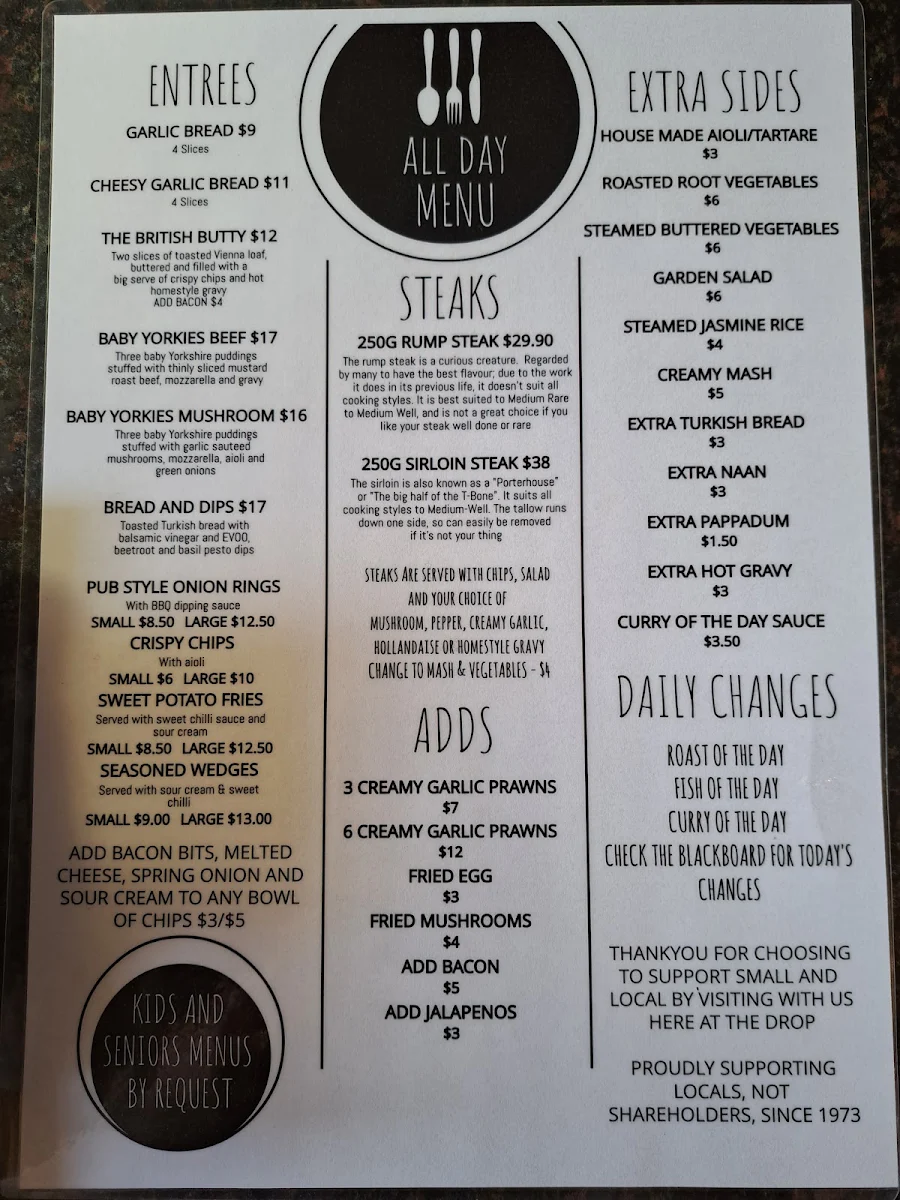 Menu, The Best Drop Tavern Kalamunda