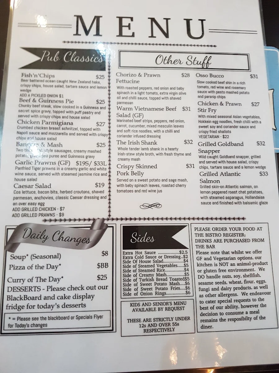Menu, The Best Drop Tavern Kalamunda