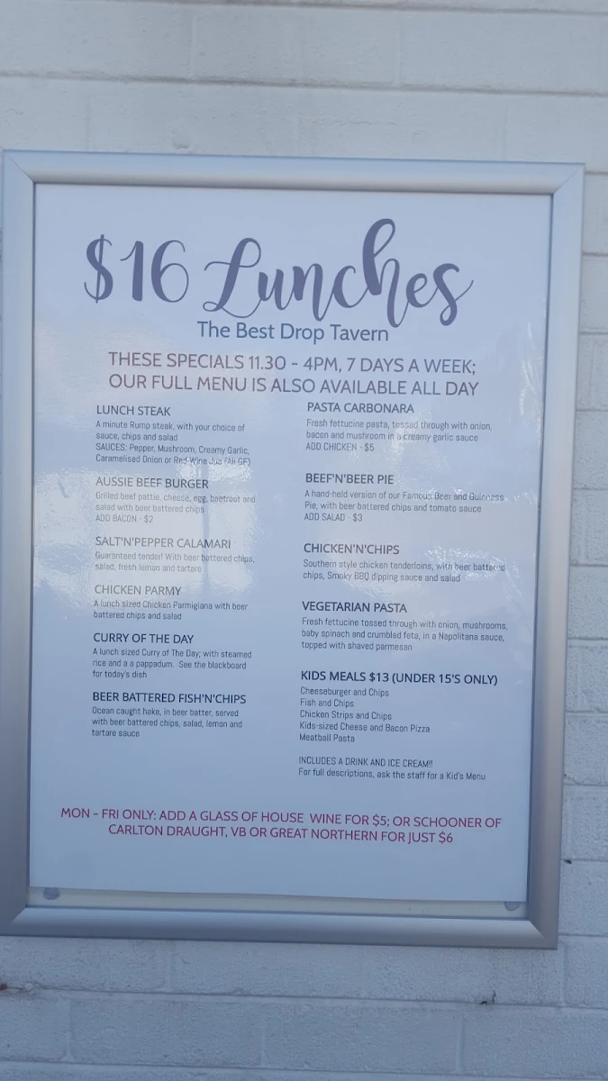 Menu, The Best Drop Tavern Kalamunda
