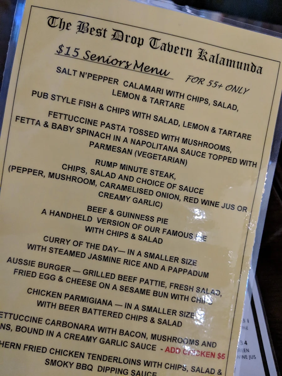 Menu, The Best Drop Tavern Kalamunda