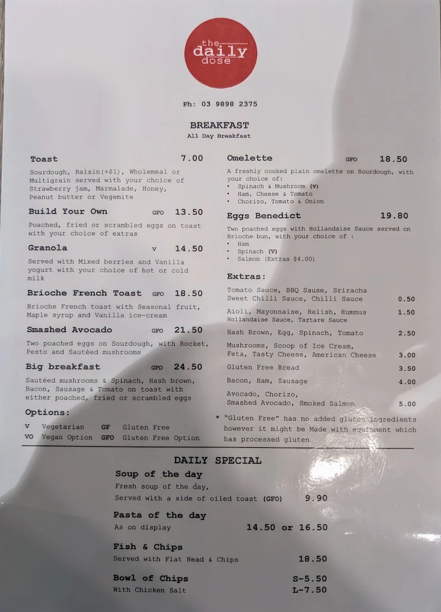 Menu, The Daily Dose Cafe