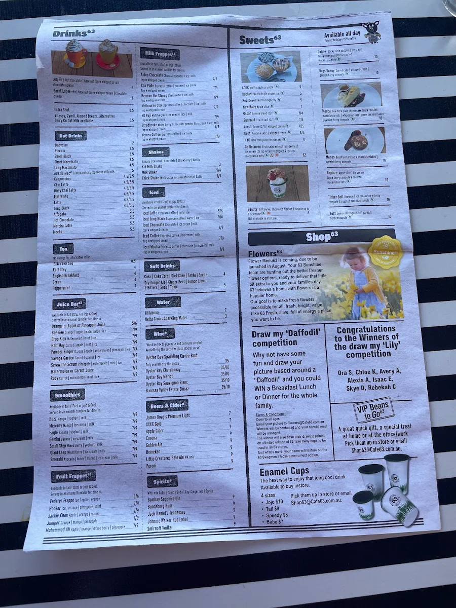 Menu, Cafe 63 Ross Evans
