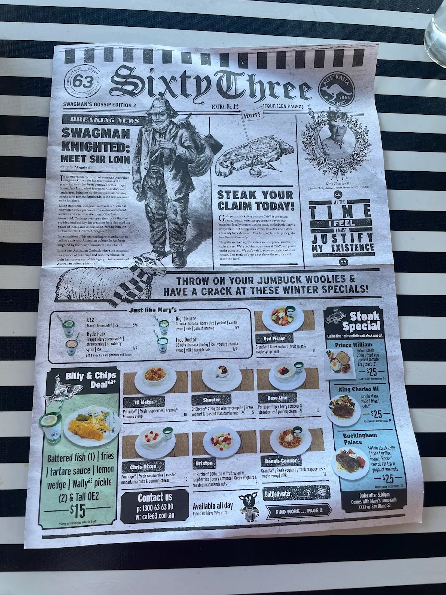 Menu, Cafe 63 Ross Evans