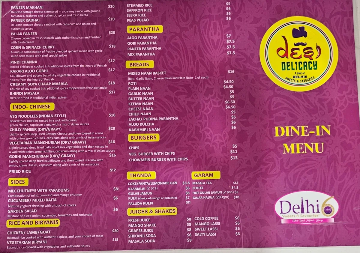 Menu, Delhi6 Sweets & Savouries - Indian Restaurant in Wanneroo