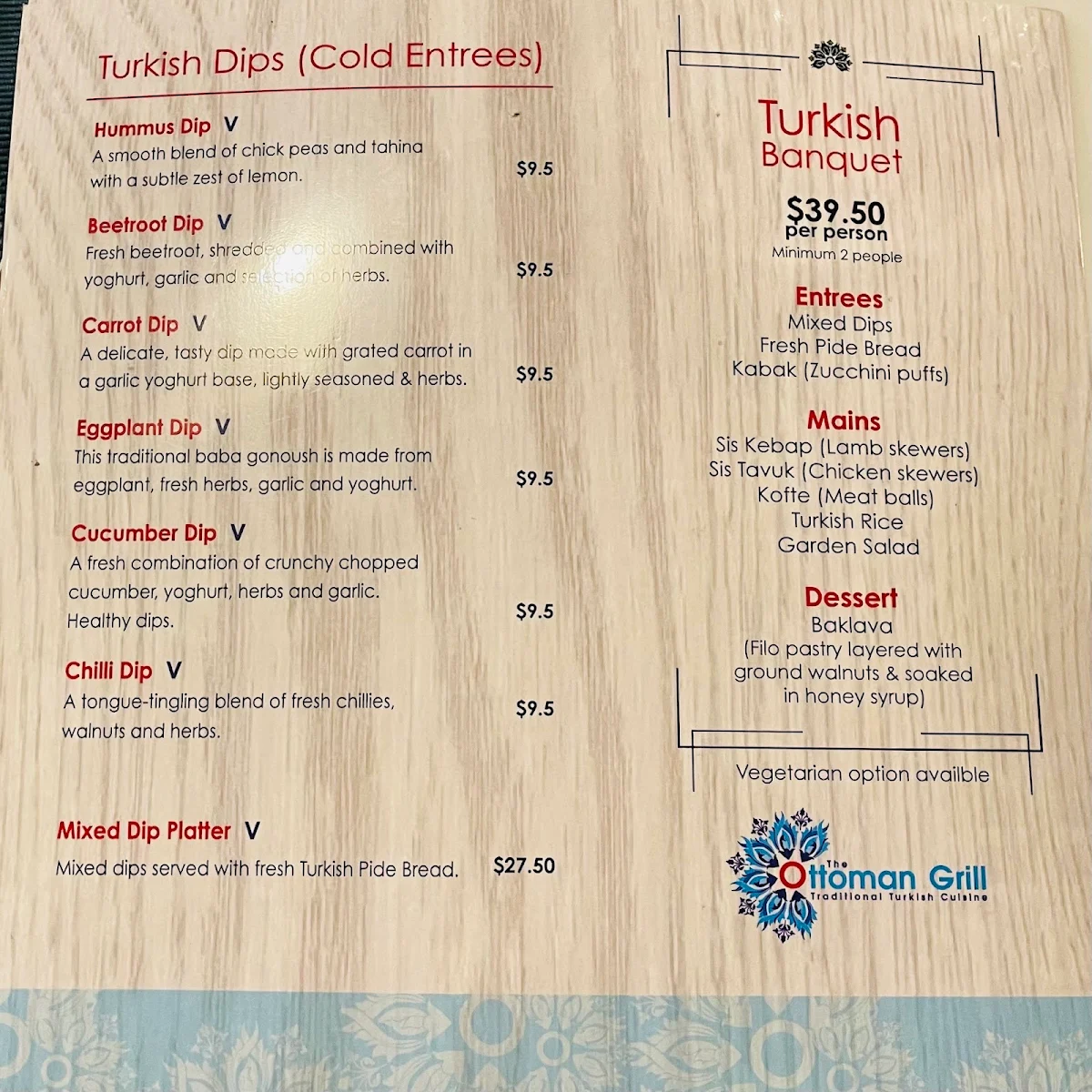 Menu, The Ottoman Grill