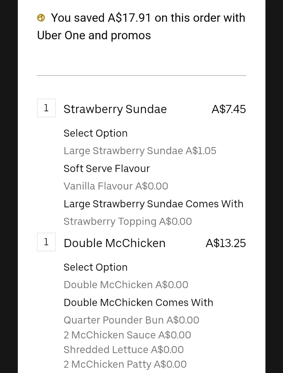 Menu, McDonald's Wentworthville