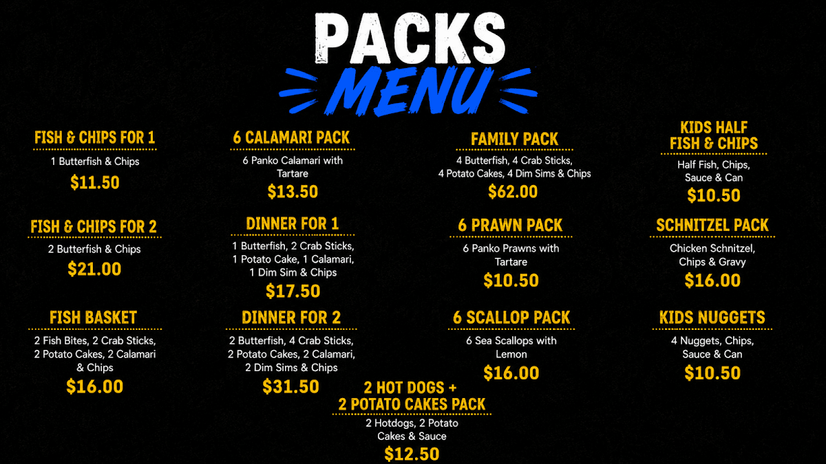 Menu, Pans Takeaway Irymple