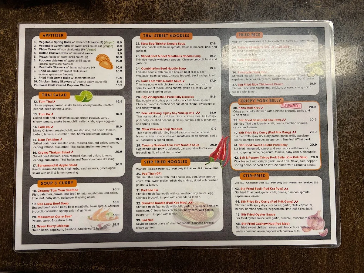 Menu, Thaigerlily Thai Cuisine