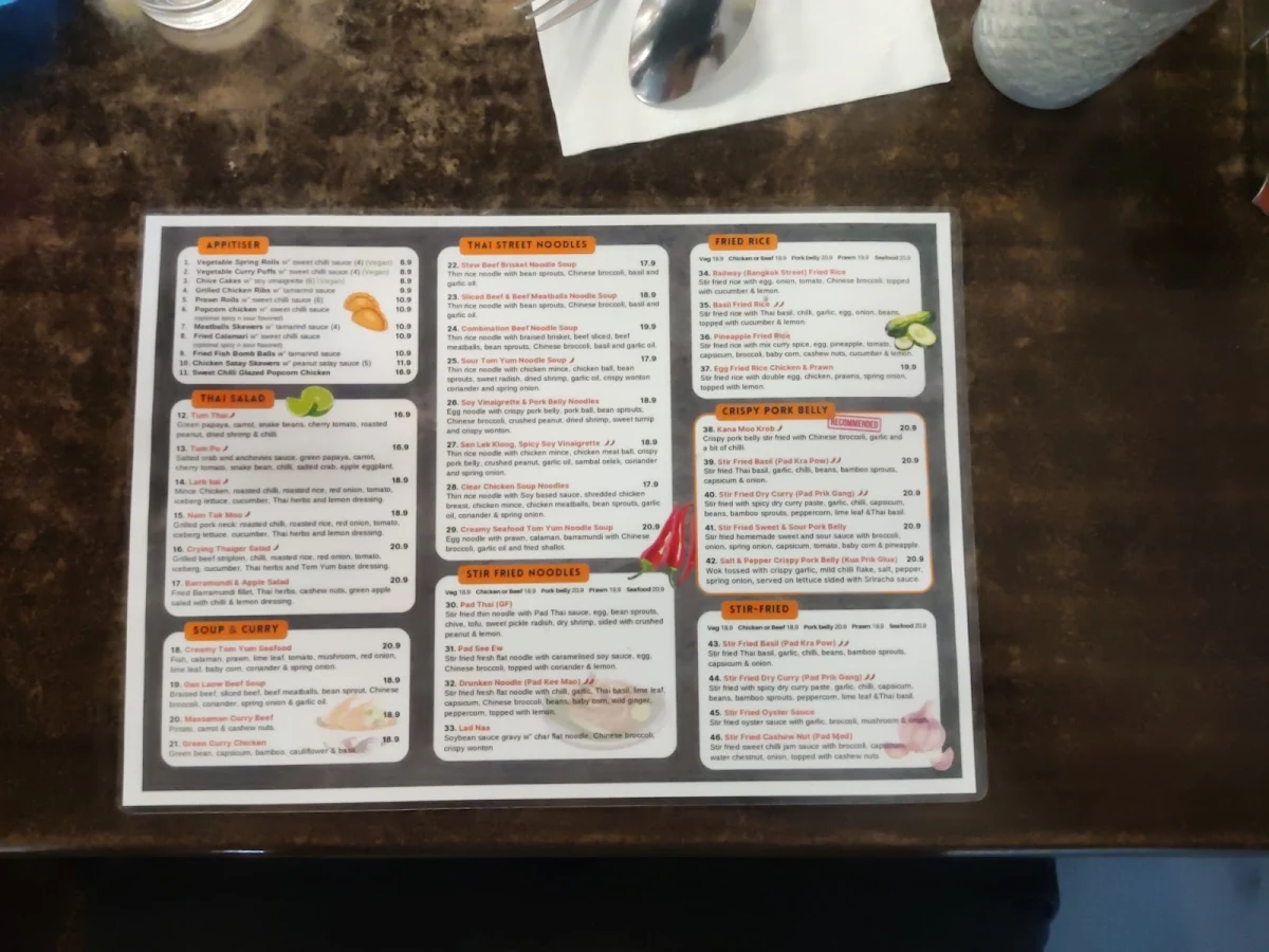 Menu, Thaigerlily Thai Cuisine