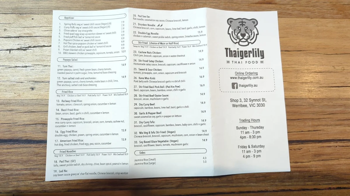Menu, Thaigerlily Thai Cuisine