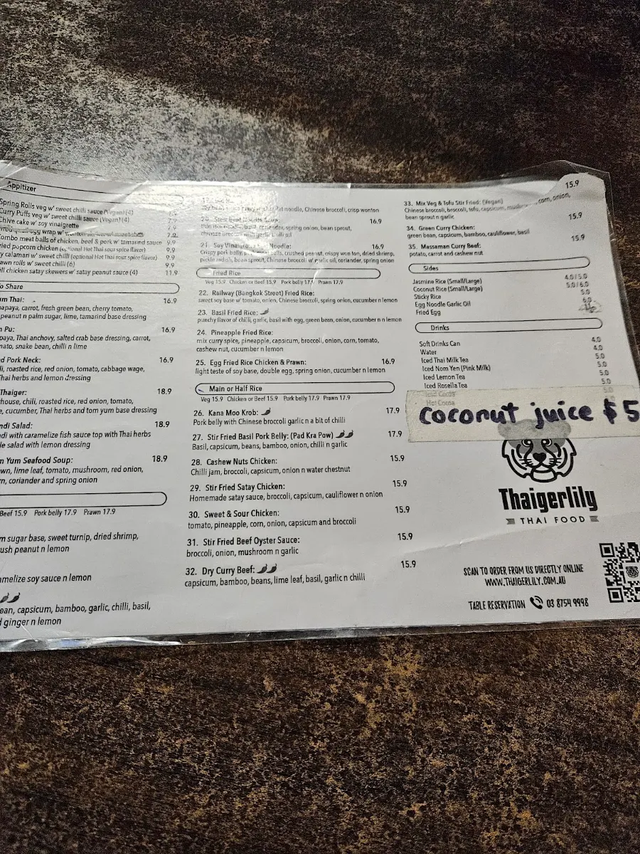 Menu, Thaigerlily Thai Cuisine
