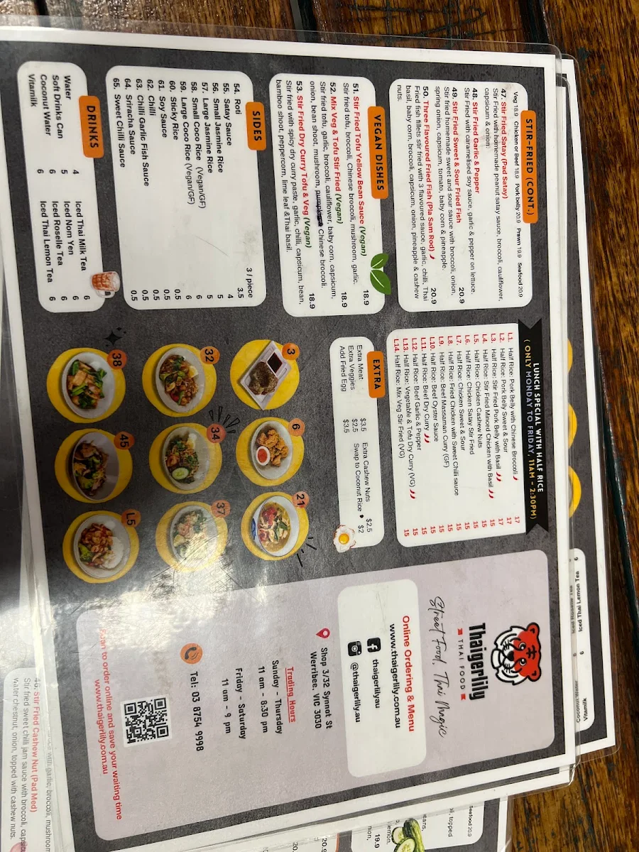 Menu, Thaigerlily Thai Cuisine