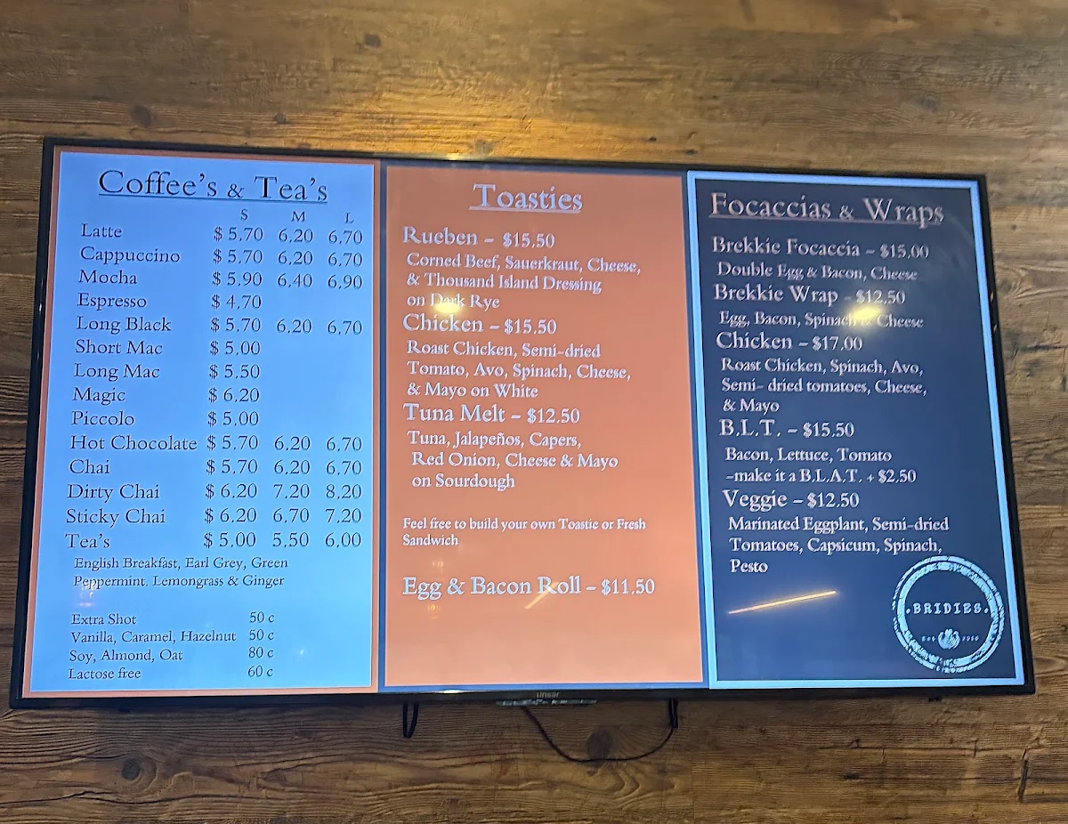 Menu, Bridie's Beanery