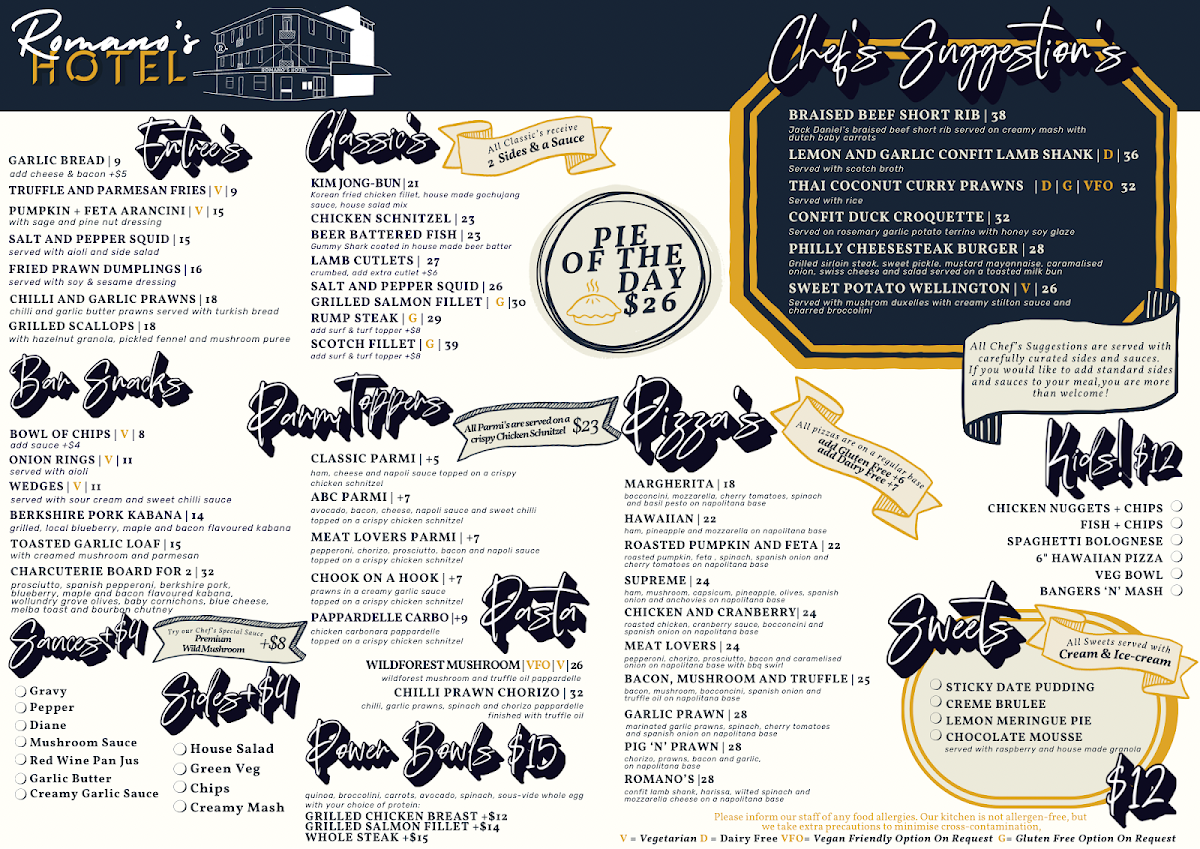 Menu, Romano's Hotel