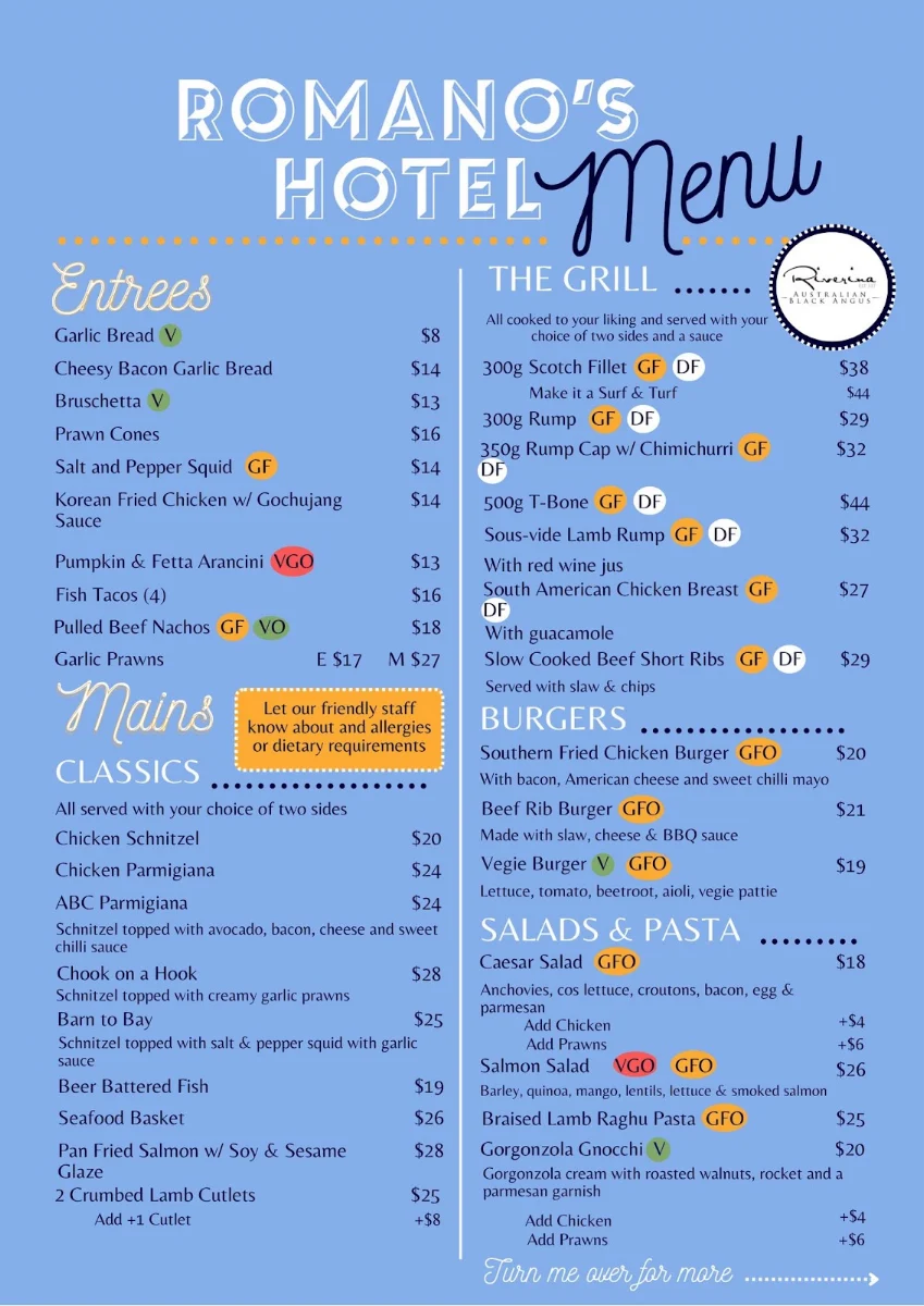 Menu, Romano's Hotel