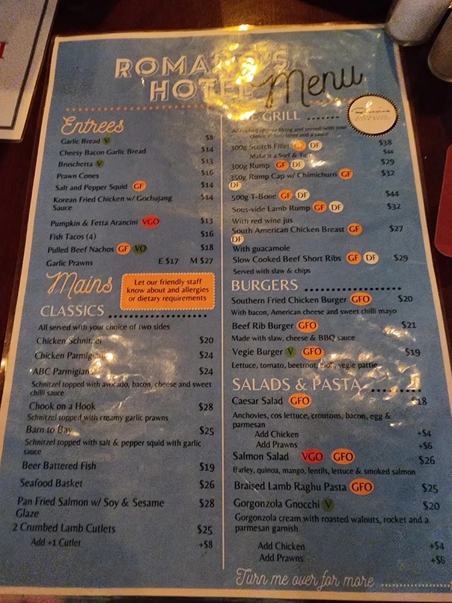 Menu, Romano's Hotel