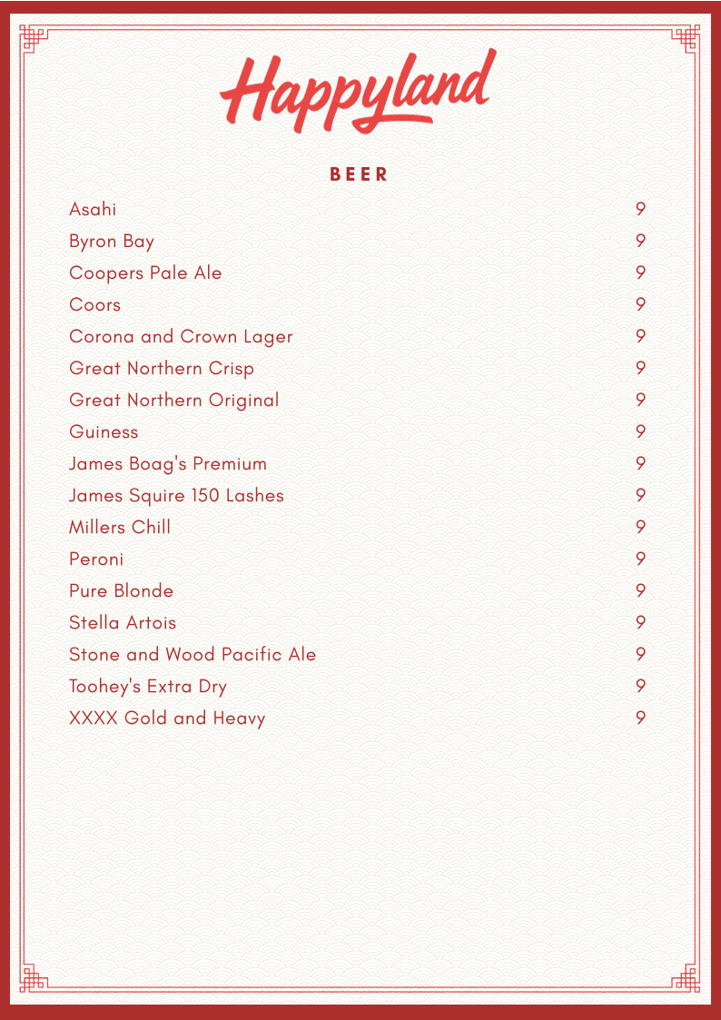 Menu, Happyland Chinese