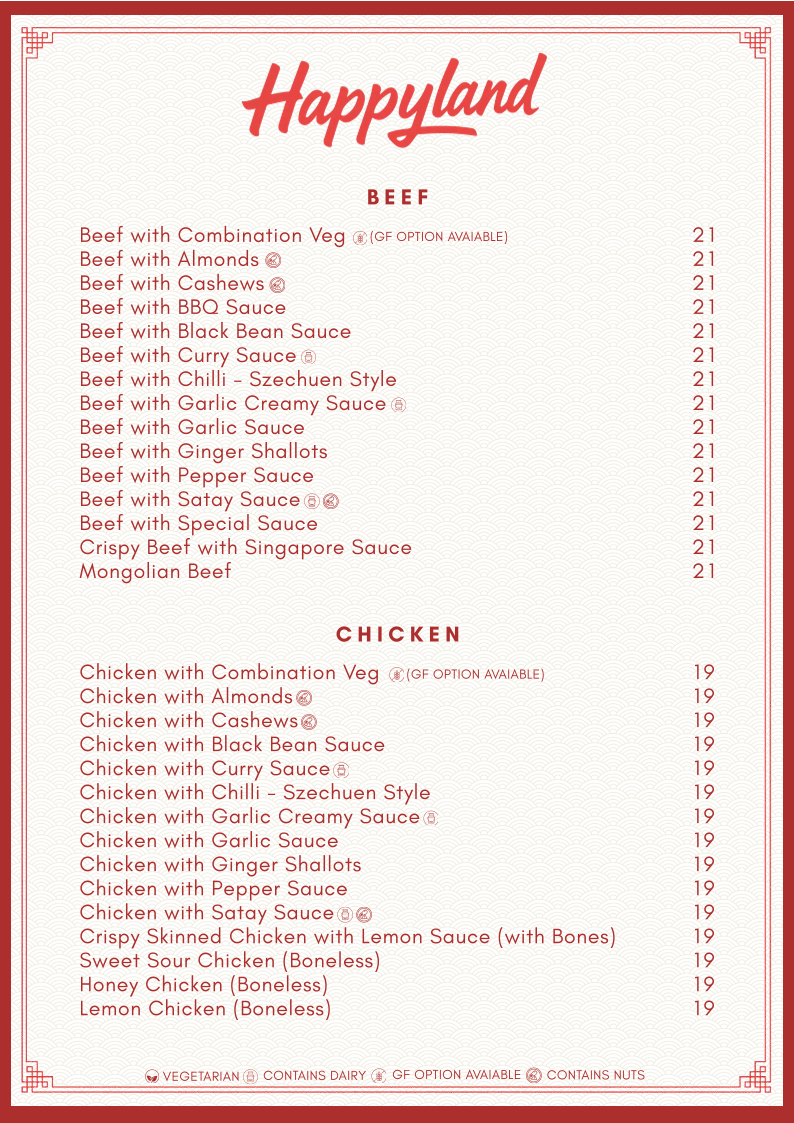 Menu, Happyland Chinese