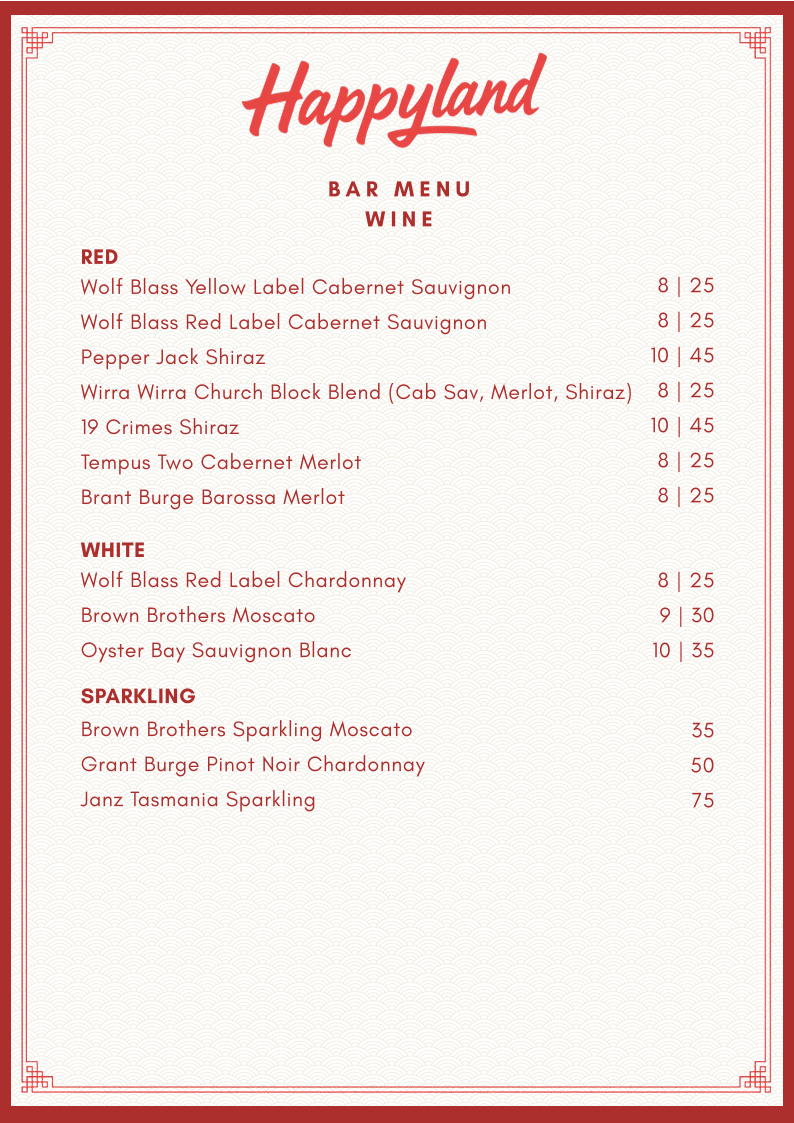 Menu, Happyland Chinese