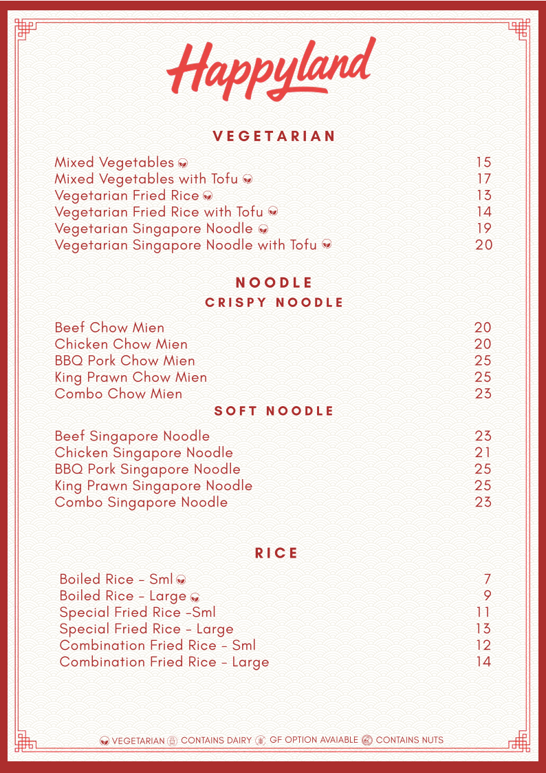Menu, Happyland Chinese