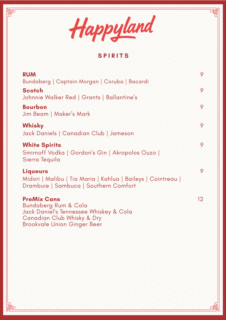 Menu, Happyland Chinese