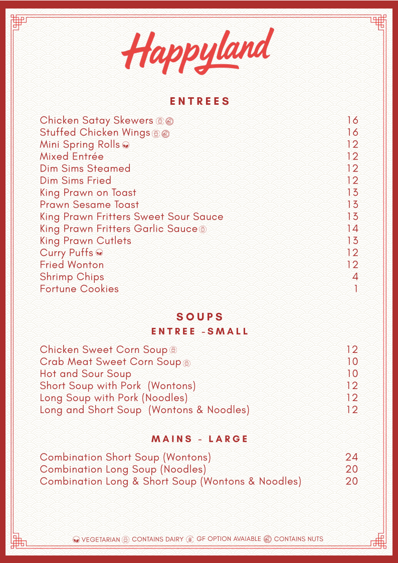 Menu, Happyland Chinese