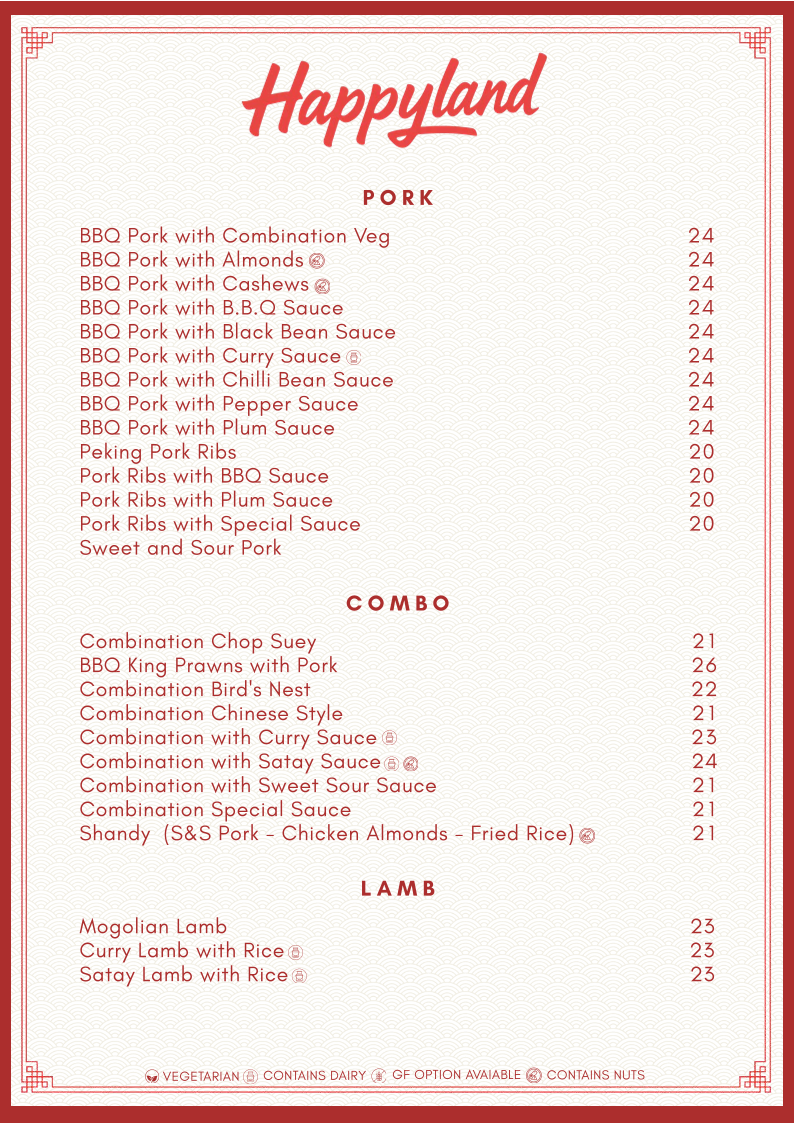 Menu, Happyland Chinese