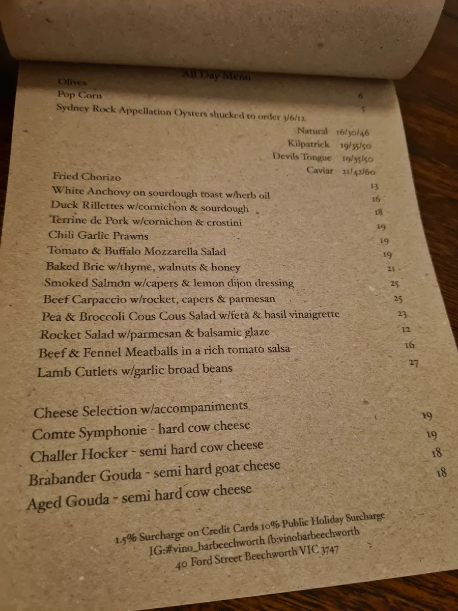 Menu, Vino Bar Beechworth