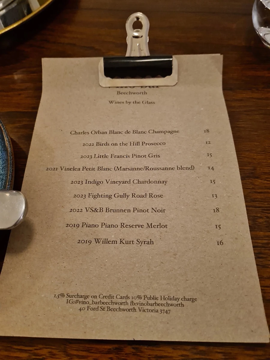 Menu, Vino Bar Beechworth