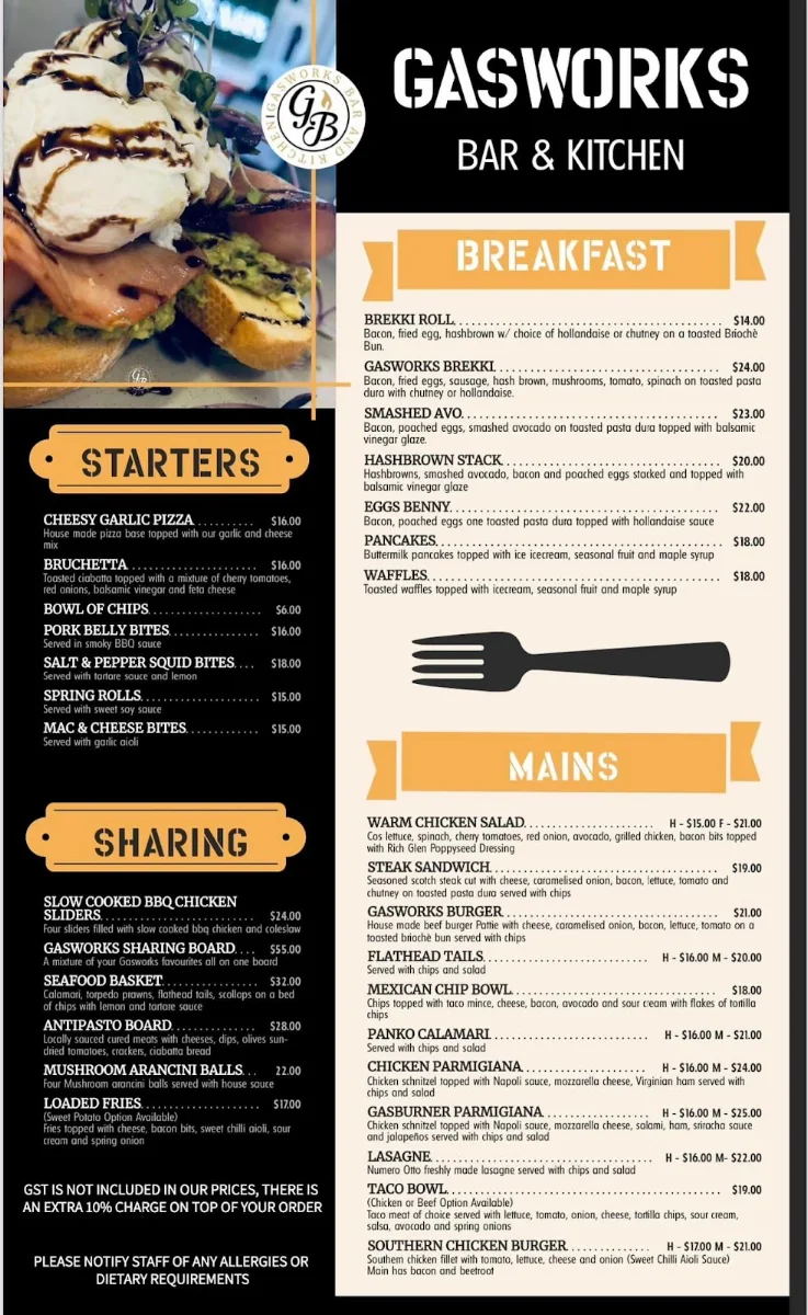 Menu, Gasworks Bar & Entertainment