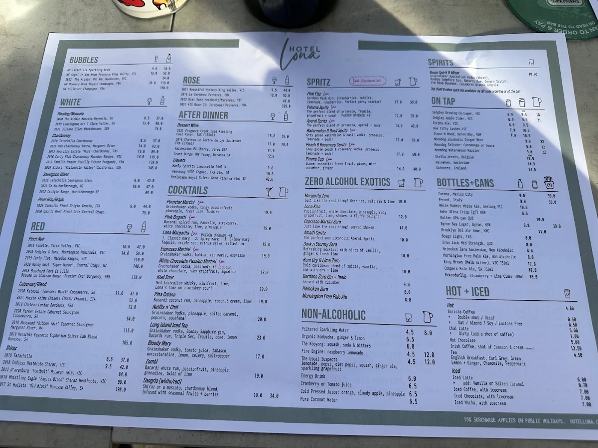 Menu, Hotel Lona