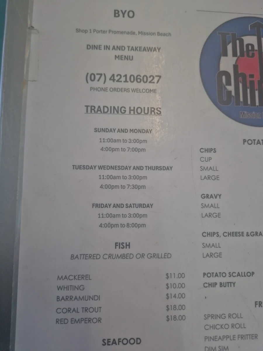 Menu, The Chippy No. 1