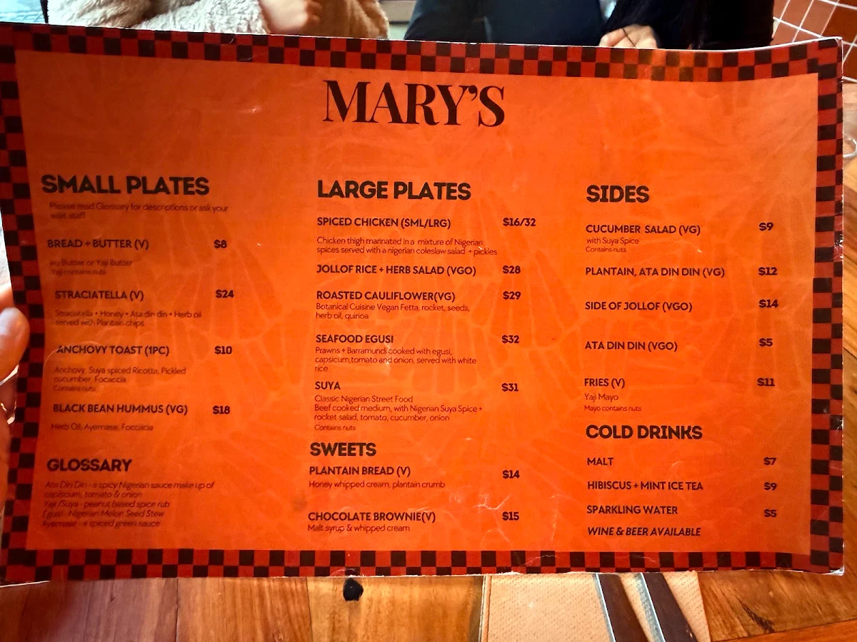 Menu, Mary's