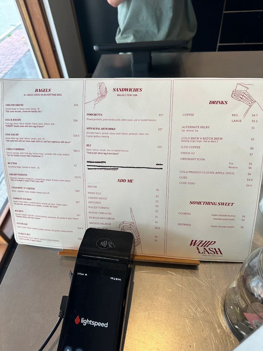 Menu, Whiplash Cafe