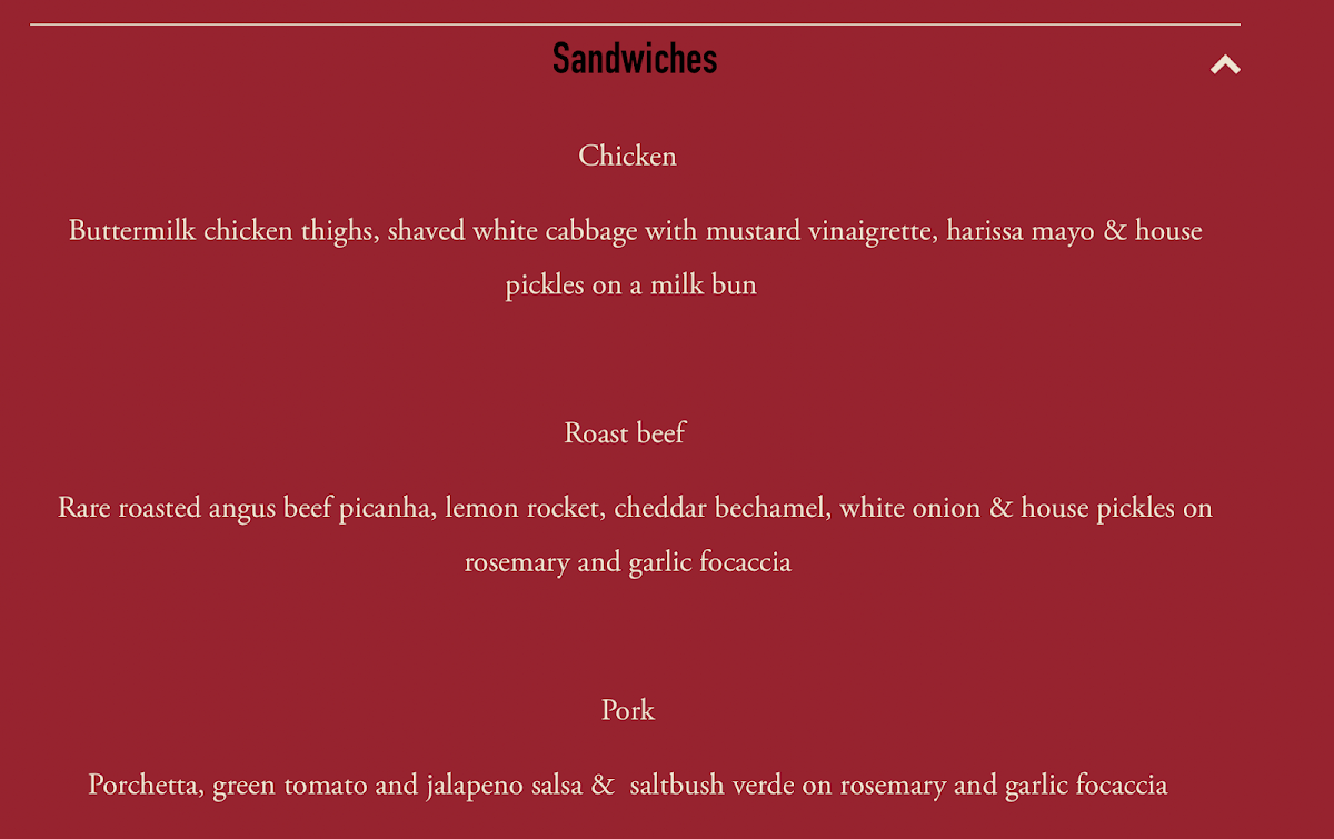 Menu, Whiplash Cafe