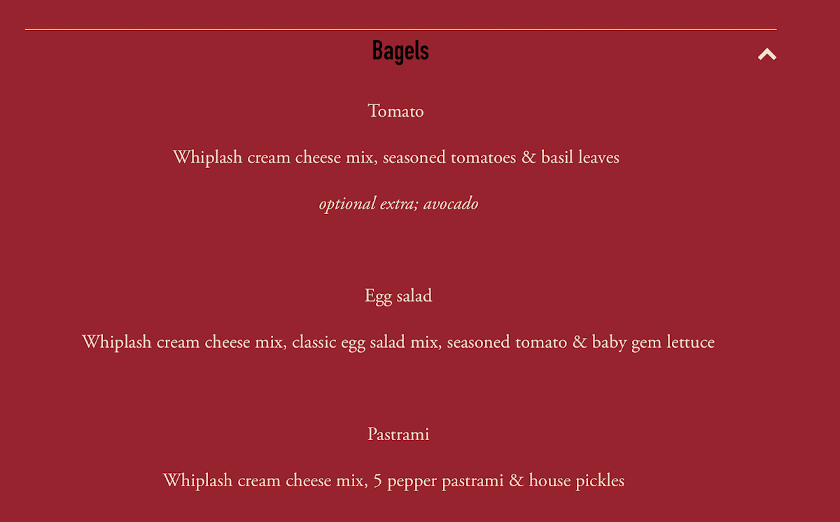 Menu, Whiplash Cafe