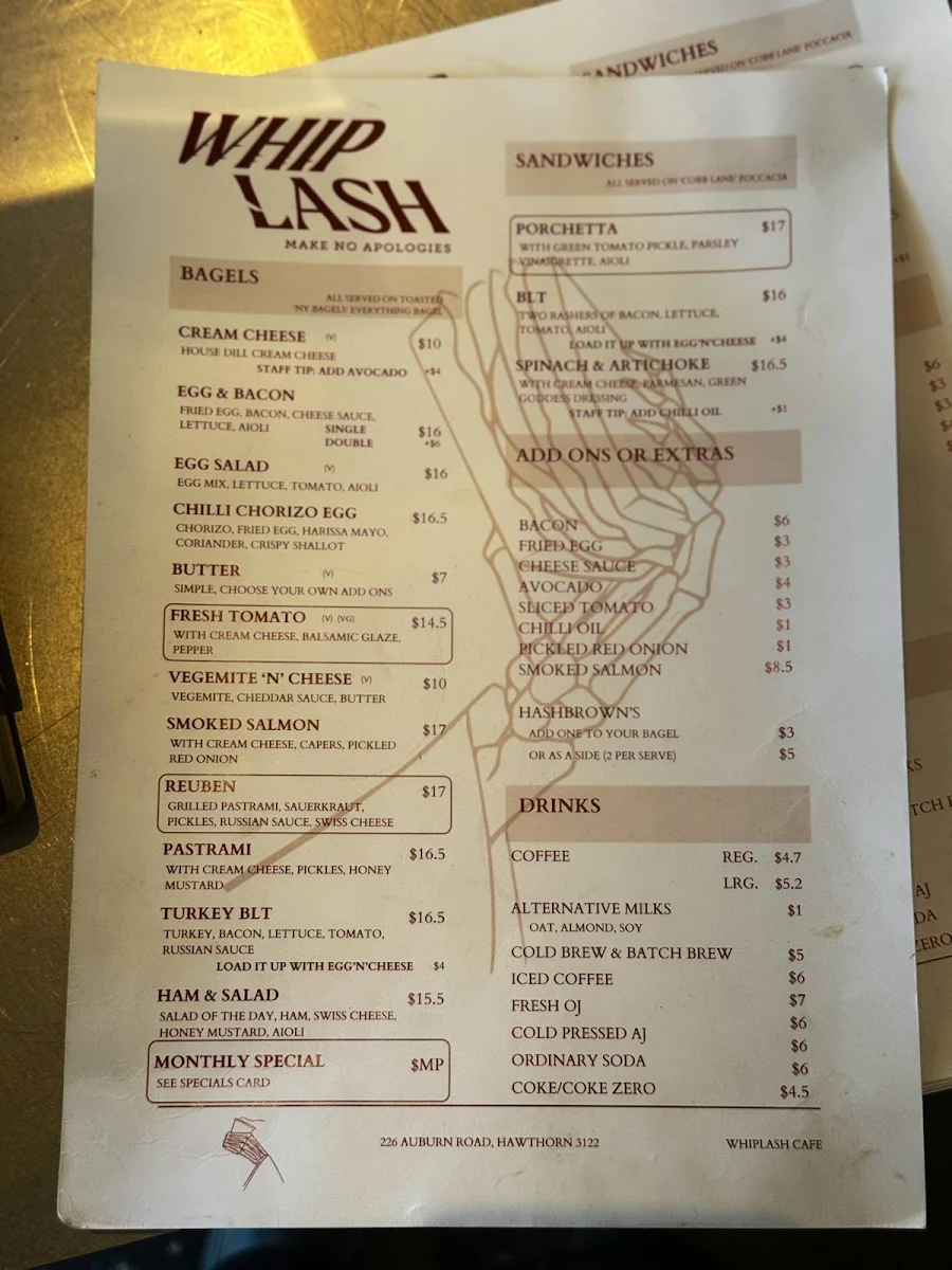 Menu, Whiplash Cafe