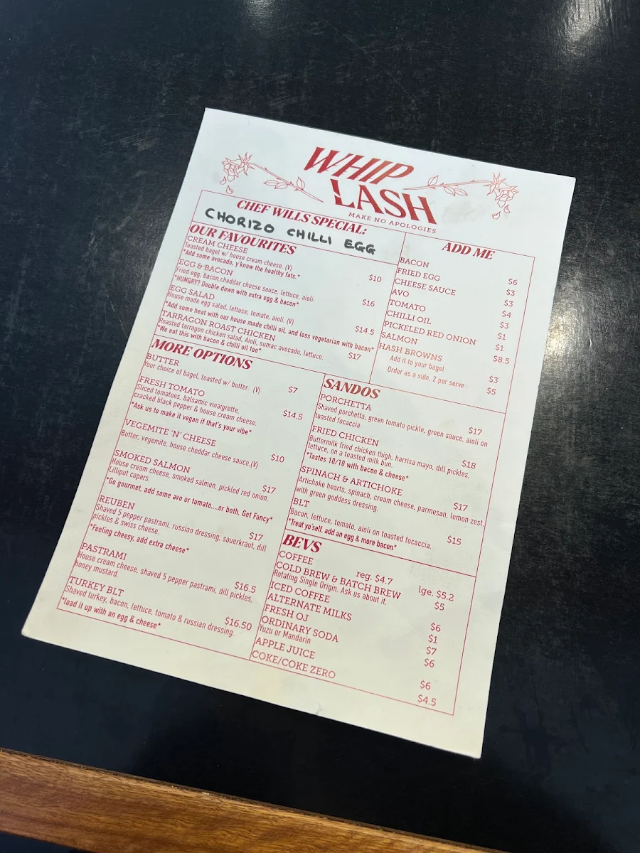 Menu, Whiplash Cafe