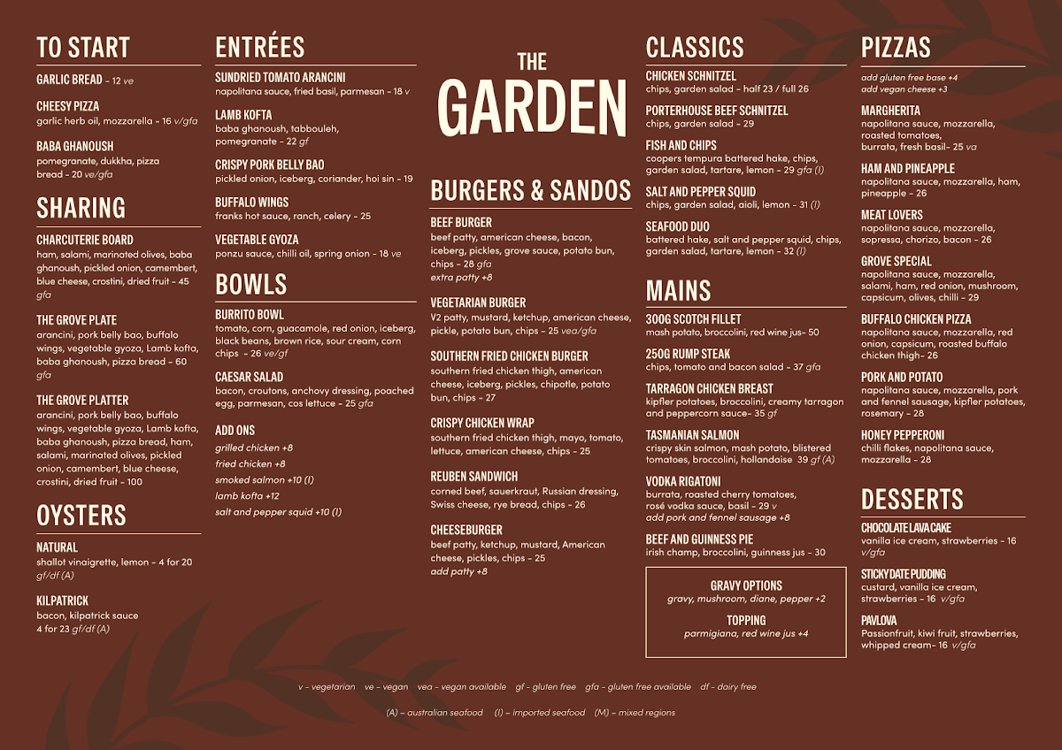 Menu, The Grove