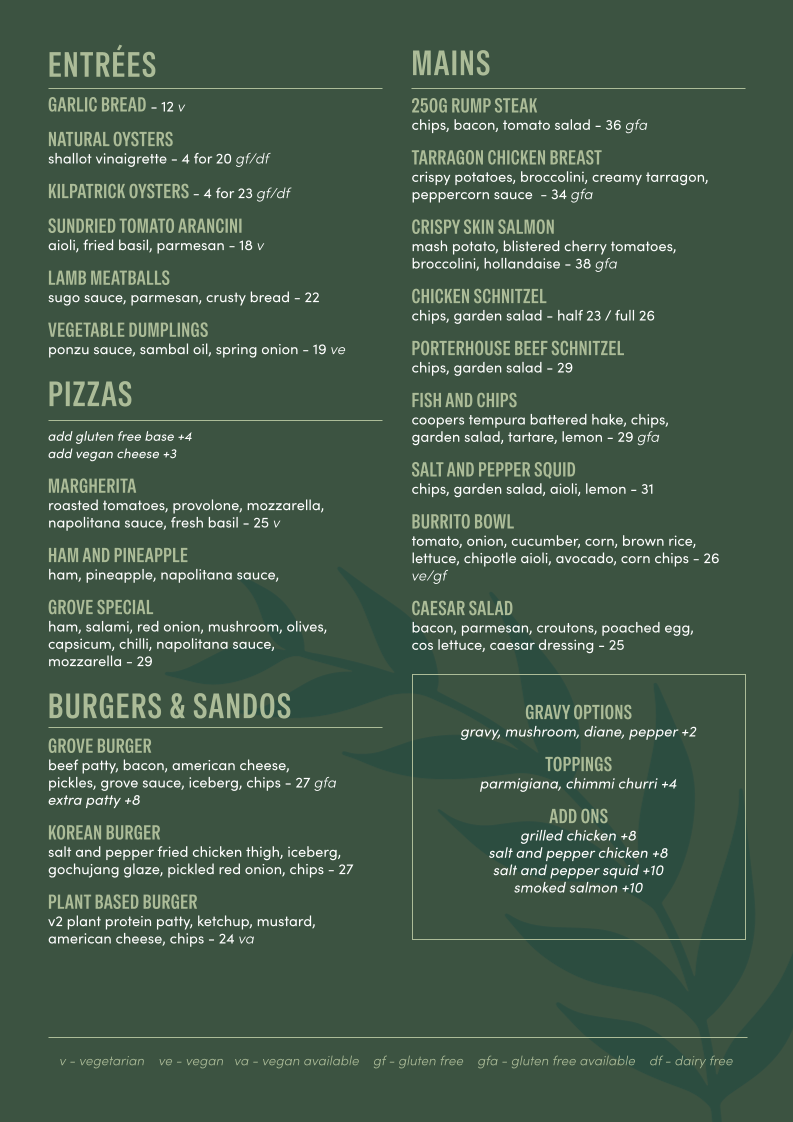 Menu, The Grove